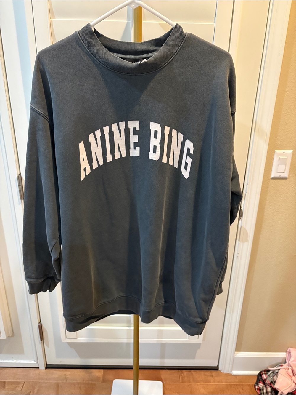 Anine Bing Charcoal Gray Crewneck Sweatshirt with White Logo